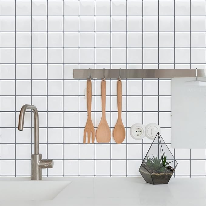 Alwayspon 10 Sheets 10"x10" White 3D Vinyl Backsplash Tiles, Self-Adhesive Peel and Stick Wall Tile Stickers Stick on Subway Tiles for Kitchen Bathroom Wall