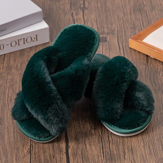 Women's Slipper Memory Foam Cross Band Fuzzy Slippers Open Toe Cozy House Slippers Cozy Plush Bedroom Indoor Outdoor