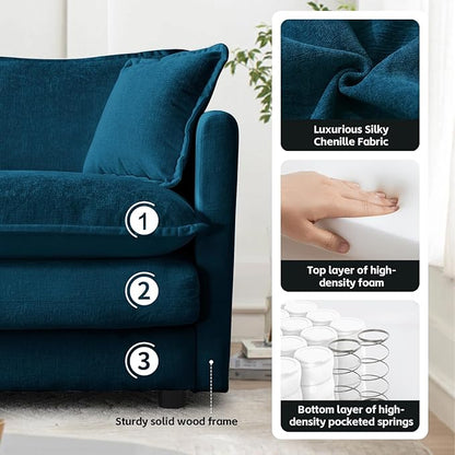 SoarFlash Chenille Sectional Sofa, Comfy L Shaped Modular Coush Sofa with Ottoman, Modern 4 Seat Couch Deep Seat Sofa Set for Living Room,Deep Blue