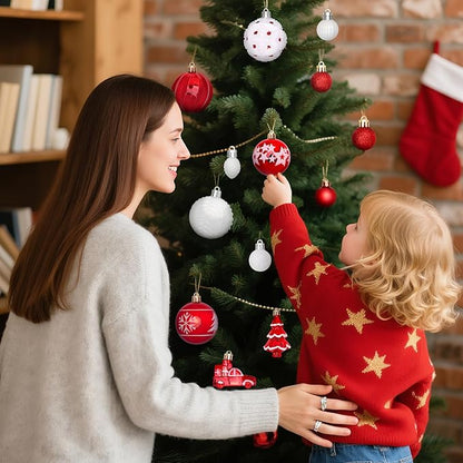 DeckTheHalls 42 Pcs Christmas Ornaments, Various Styles of Christmas Ball Ornaments, Shatterproof Christmas Balls for Holiday Xmas Tree Decor, Hanging Ornament for Indoor Decoration (Red & White)