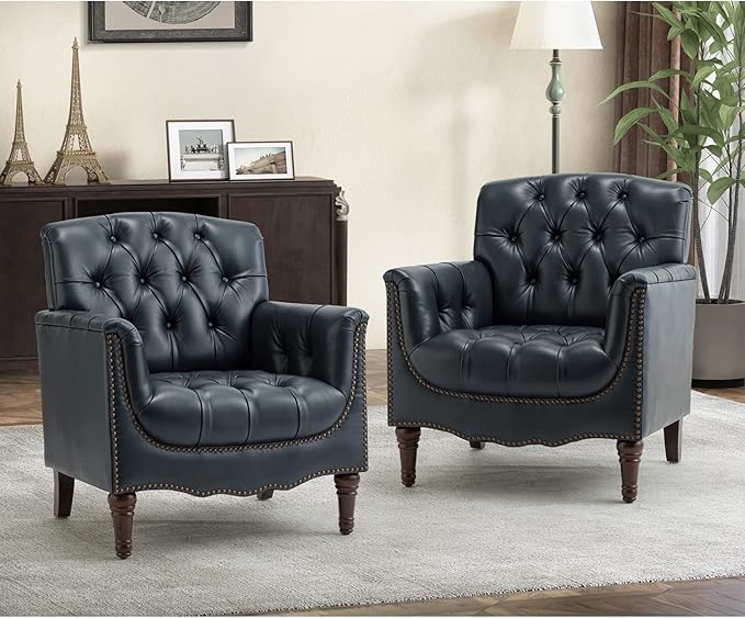 HULALA HOME Mid Century Modern Leather Club Chairs Set of 2, Top-Grain Genuine Leather Armchairs with Button-Tufted Back & Solid Wood Legs, Accent Chairs for Living Room/Bedroom/Home Office, Navy
