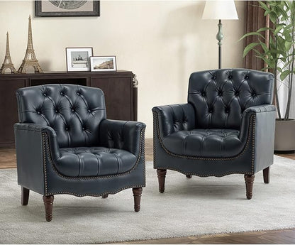HULALA HOME Mid Century Modern Leather Club Chairs Set of 2, Top-Grain Genuine Leather Armchairs with Button-Tufted Back & Solid Wood Legs, Accent Chairs for Living Room/Bedroom/Home Office, Navy