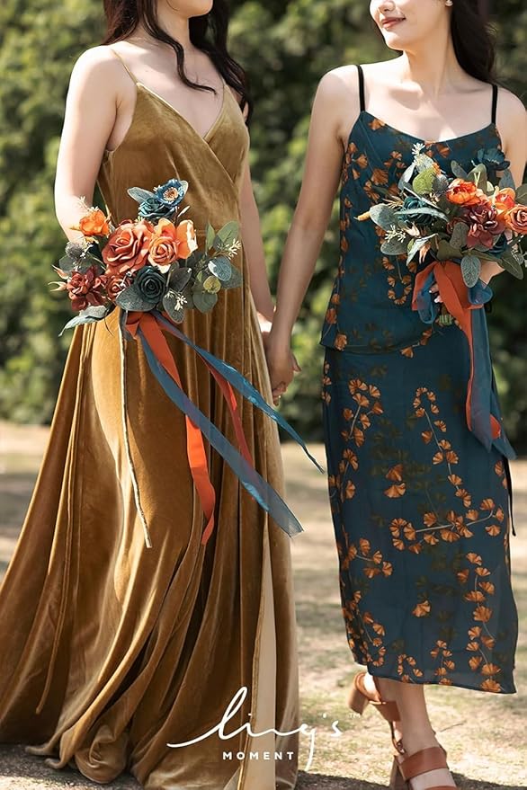 Ling's moment Artificial Flowers Teal Bridesmaid Bouquet, Burnt Orange Wedding Flowers Bouquets for Bridesmaids, 7 Inch Bridal Bouquets for Bridesmaids, Wedding Decor, Ceremony, etc.