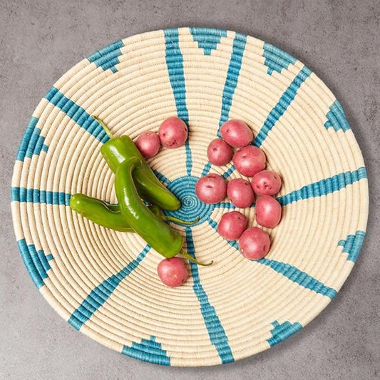 Decorative Tary- Large, Natural Turquoise | Fruits Basket - Kitchen Counter | Remotes Bin -Table | Keys Wallet Holder - Entryway | Hand Woven, Wicker, African