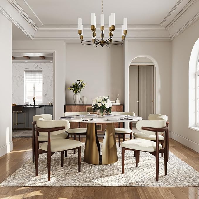 POVISON Round Dining Table for 6, Modern Marble Dining Room Table 59" Glossy White Sintered Stone Kitchen Table with Bronze Carbon Steel Pedestal (Table Only)