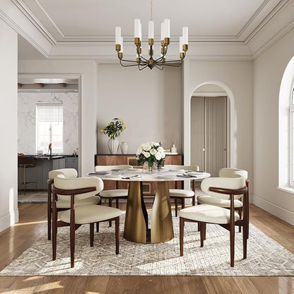 POVISON Round Dining Table for 6, Modern Marble Dining Room Table 59" Glossy White Sintered Stone Kitchen Table with Bronze Carbon Steel Pedestal (Table Only)