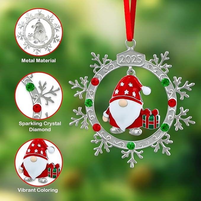 FLYAB 2025 Gnome Christmas Ornaments Xmas Gifts for Women Metal Hanging Ornament for Chirstmas Tree Decorations Snowflake Ornaments for Window Car Stocking Stuffers Birthday Gifts Party Supplies