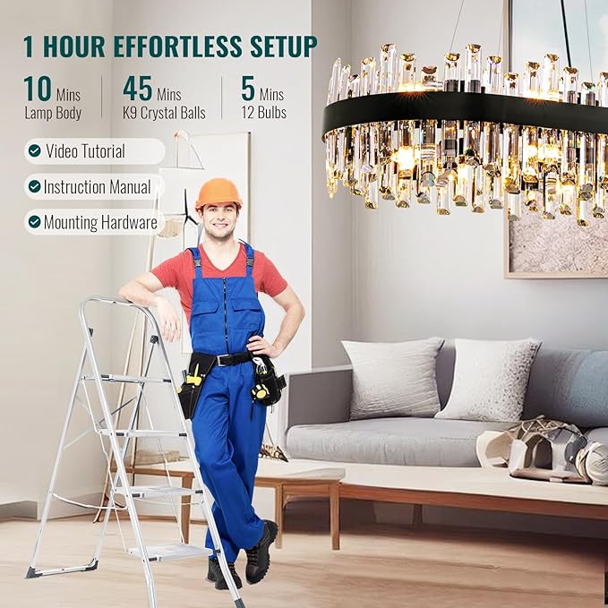 Siljoy Modern Crystal Chandelier for Dining Room, 16-Light Black Oval 2-Tiers Crystal Raindrop Chandelier, Farmhouse Dimmable Crystal Pendant Ceiling Light for Living Room Kitchen Island L35.4''