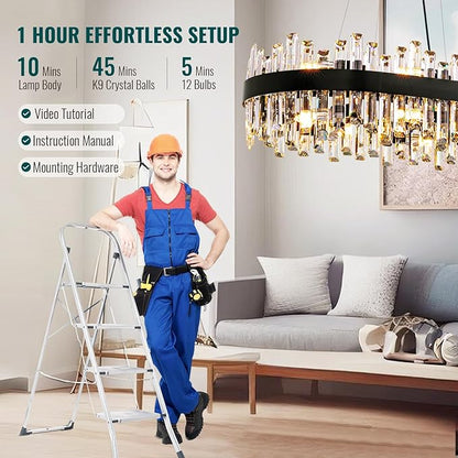 Siljoy Modern Crystal Chandelier for Dining Room, 16-Light Black Oval 2-Tiers Crystal Raindrop Chandelier, Farmhouse Dimmable Crystal Pendant Ceiling Light for Living Room Kitchen Island L35.4''