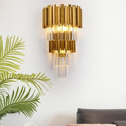 WABON Modern Crystal Wall Sconce Lighting 3-Light Gold Wall Sconce Crystal Hallway Wall lamp for Living Room Antique Gold