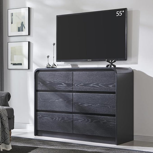 Modern 6 Drawers Dresser for Bedroom, 47" Wide Wood Dressers & Chests of Drawers w/Curved Profile Design, Mid Century Modern Dresser w/Natural Texture for Bedroom, Living Room, Black