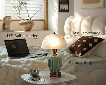 Vintage Lamp for Living Room,16" Modern Ceramic Table Lamps for Bedroom,Retro Bedside Nightstand Traditional Lamps, Classic Chinoiserie Green Lamp for Home Decor (LD003)
