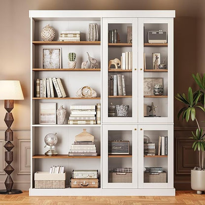 Vyre 70.8" Tall Farmhouse Bookshelf with Glass Doors, Modular Bookcase with 6-Tier Adjustable Shelves, Large Storage Cabinet for Kitchen, Living Room, White, Set of 2