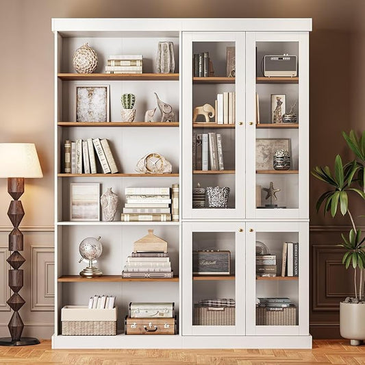 Vyre 70.8" Tall Farmhouse Bookshelf with Glass Doors, Modular Bookcase with 6-Tier Adjustable Shelves, Large Storage Cabinet for Kitchen, Living Room, White, Set of 2