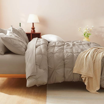 CozyLux Full Size Comforter Sets Khaki, 7 Pieces Pintuck Bed in A Bag Khaki Comforter Full Size, Pinch Pleat Bedding Sets with All Season Comforter, Sheets, Pillowcases & Shams