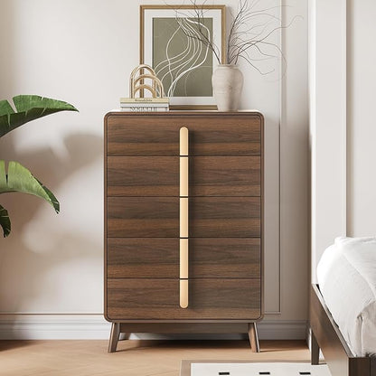 Dresser for Bedroom with 5 Drawers,Mid Century Modern Dresser with Storage,31" Wide Modern Chest of Drawers with Metal Handles,Large Wood Drawer Organizer for Bedroom,Living Room,Walnut