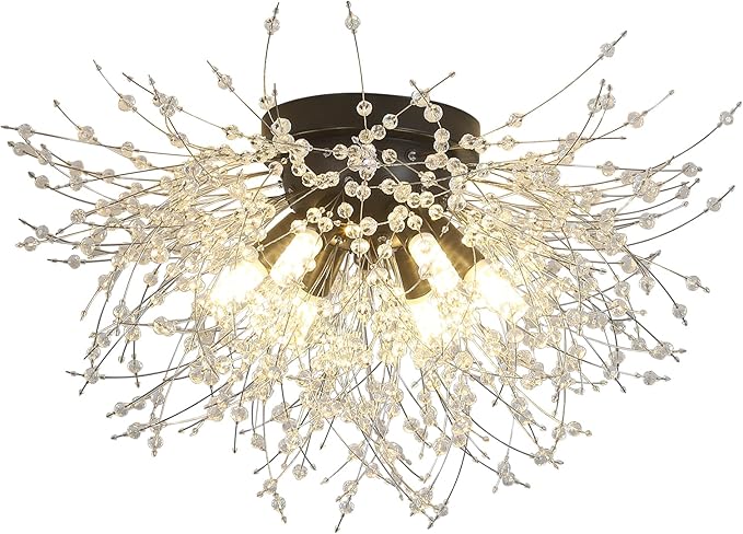 HMVPL Black Ceiling Light Fixture,6-Light Firework Sputnik Flush Mount Ceiling Light with K9 Crystal String,Modern Close to Ceiling Light for Bedroom Bathroom Hallway Kitchen Entrance Closet