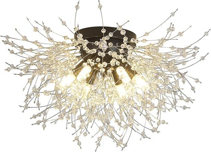 HMVPL Black Ceiling Light Fixture,6-Light Firework Sputnik Flush Mount Ceiling Light with K9 Crystal String,Modern Close to Ceiling Light for Bedroom Bathroom Hallway Kitchen Entrance Closet