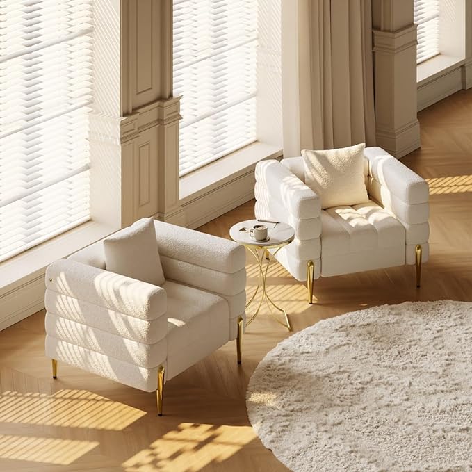 homary White Accent Chair, Mid Century Boucle Upholstered Armrest Chair for Bedroom, Comfy for Living Room, Reading, Office (White)