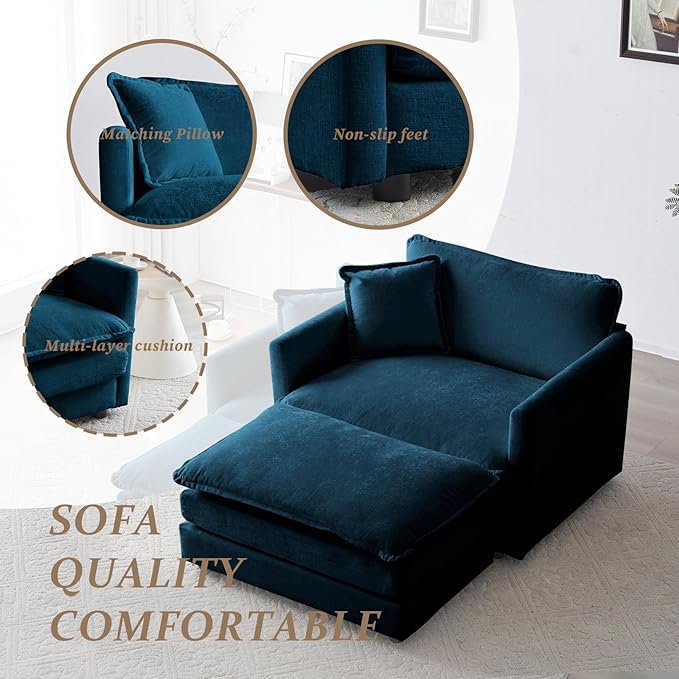 SoarFlash Chenille Sectional Sofa, Comfy Modular Single Sofa with Ottoman, Modern Recliner Deep Seat Sofa Set for Living Room,Deep Blue