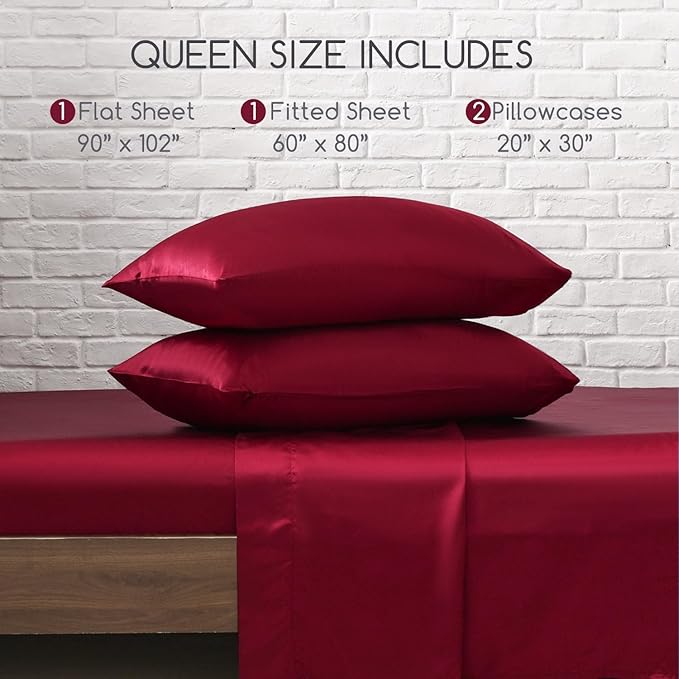 MR&HM Satin Bed Sheets, Queen Size Sheets Set, 4 Pcs Silky Bedding Set with 15 Inches Deep Pocket for Mattress (Queen, Burgundy)