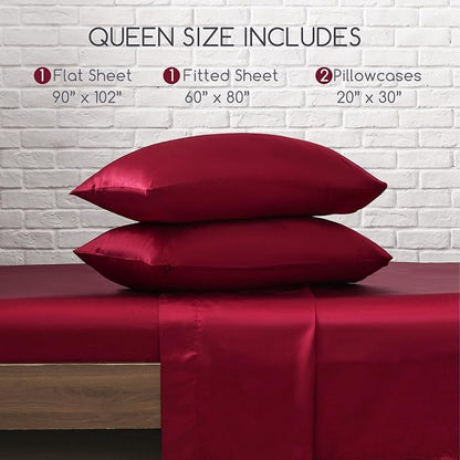 MR&HM Satin Bed Sheets, Queen Size Sheets Set, 4 Pcs Silky Bedding Set with 15 Inches Deep Pocket for Mattress (Queen, Burgundy)