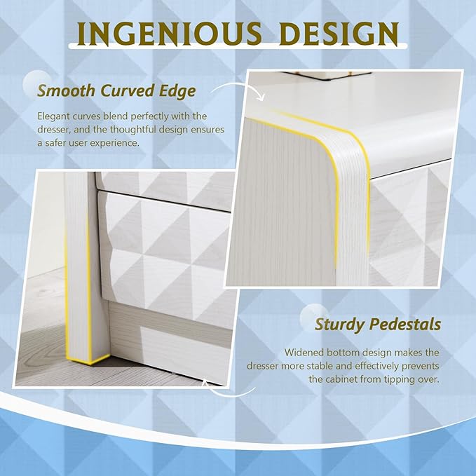 Modern 8 Drawer Dresser for Bedroom, Wooden Large Dressers &Chests of Drawers w/Two Different Drawer Sizes, Mid Century Modern Dresser w/Diamond Panel Decorate for Bedroom, Curved Profile Design,White