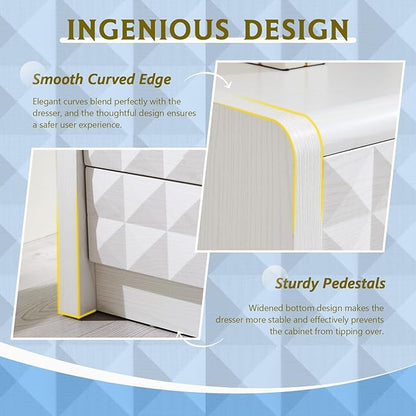 Modern 5 Drawer Dresser for Bedroom, Wooden Tall Dressers &Chests of Drawers w/Two Different Drawer Sizes, Mid Century Modern Dresser w/Diamond Panel Decorate for Bedroom, Curved Profile Design, White