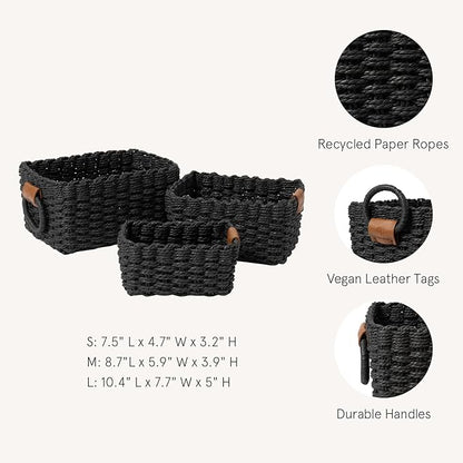 LA JOLIE MUSE Small Wicker Baskets for Organizing, Recycled Paper Rope Storage Basket Container Bins for Shelves Bathroom Cupboards Drawer, Decorative Square Basket Organizer Set of 3, Black