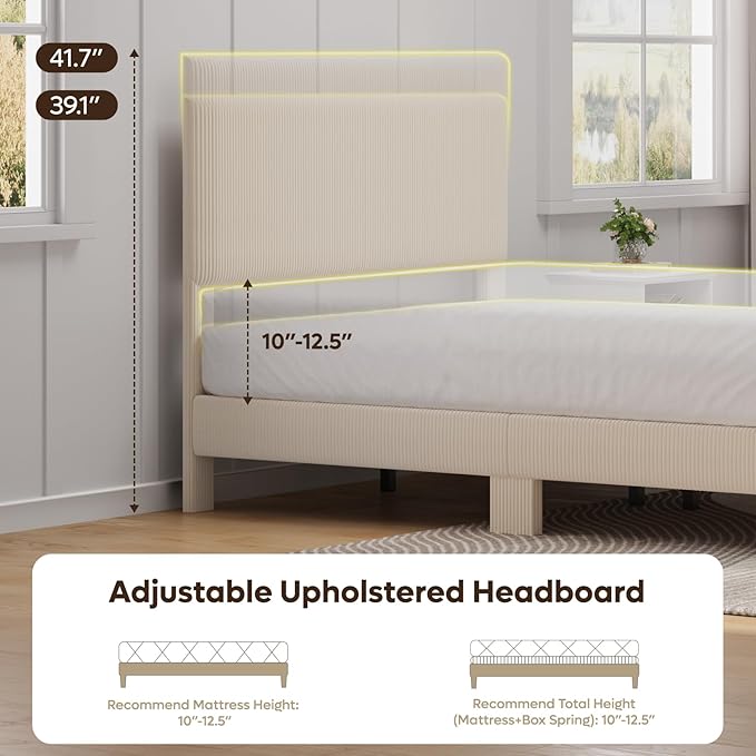 Bestier Full Bed Frame with Adjustable Headboard, LED Lighting, Vertical Channel Tufted Corduroy Upholstered, Solid Wooden Slats Support, No Box Spring Needed, Never Squeaks, Easy Assembly, Beige