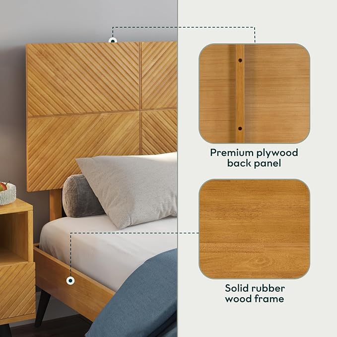 Bme Rhombus King Bed Frame – Solid Acacia Wood with Geometric Rhombus Headboard, Teak Brown Finish, Scandinavian Modern Platform Bed with Sturdy Slats & Metal Legs, No Box Spring Needed