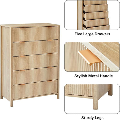 5 Drawer Dressers for Bedroom, Modern Closet Chest of Drawers with Waveform Fluted Panel, Large Wood Storage Dresser Organizer for Nursery Bedroom Living Room Hallway Closet, Natural