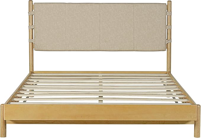 Premium Rubber Wood Platform Bed Frames, Queen Size Headboard Included, Mid Century Modern Beds, Beige
