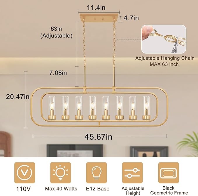 Gold Linear Dining Room Light Fixture, 8 Lights Modern Kitchen Isalnd Light, 45" Long Chandelier Farmhouse Chandeliers for Dining Room Industrial Pendant Lights with Clear Glass