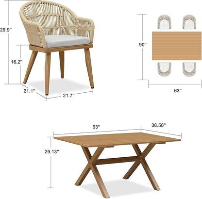 PURPLE LEAF 5 Pieces Patio Dining Set with Outdoor Aluminium Dining Table and Woven Chairs Modern Metal Furniture Cushions Sets for Garden Yard Indoor Decor Kitchen Teak