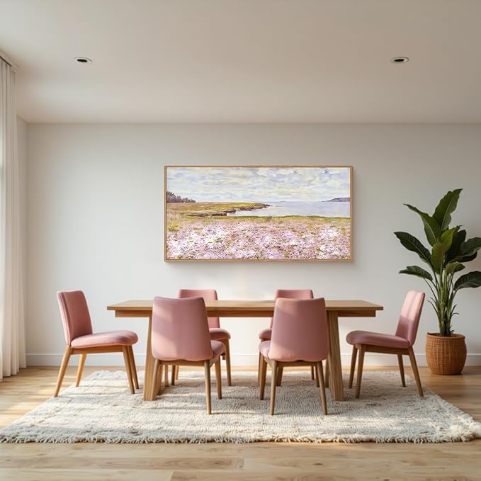 HOURIA Pink Wildflower Coastal Landscape Framed Canvas Wall Art Set,Green Meadow Field Wall Decor,Watercolor Beach Wall Painting,Modern Seaside Wall Decor for Living Room, Bedroom, Farmhouse-20"x40"x1