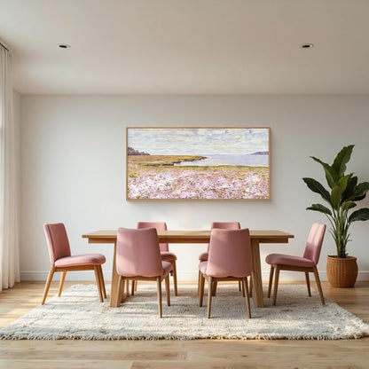 HOURIA Pink Wildflower Coastal Landscape Framed Canvas Wall Art Set,Green Meadow Field Wall Decor,Watercolor Beach Wall Painting,Modern Seaside Wall Decor for Living Room, Bedroom, Farmhouse-20"x40"x1