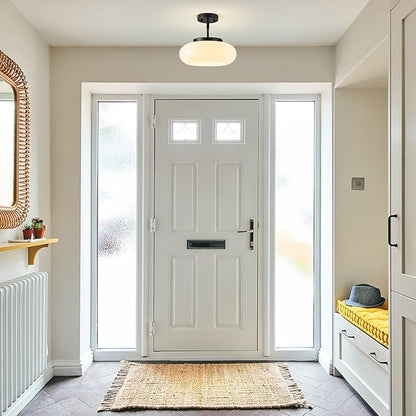 Mid-Century Modern Black Semi Flush Mount Ceiling Light, 3-Light Kitchen Light Fixtures with Glass Shade for Entryway Hallway Bathroom Bedroom (12.6 Inch)