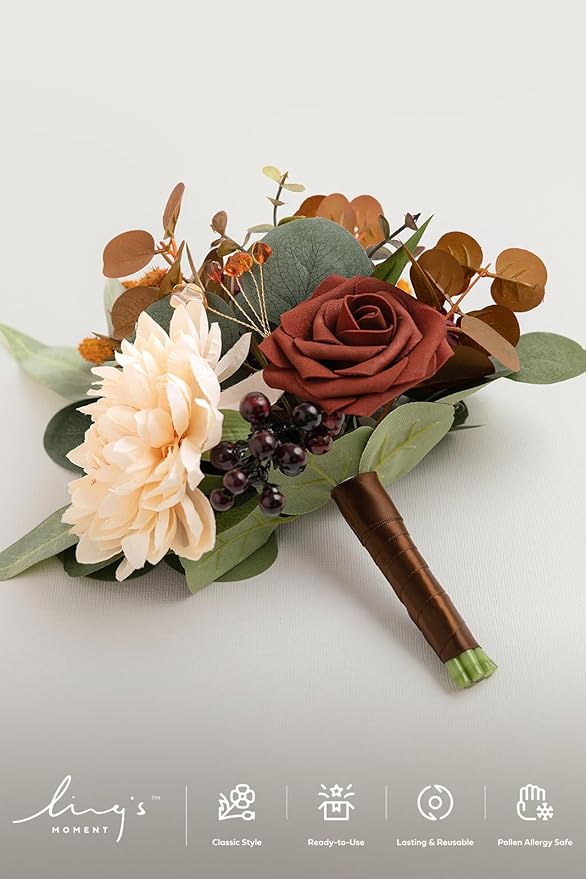 Ling's moment Artificial Flowers Terracotta Bridesmaid Bouquet, Fall Wedding Flowers Bouquets for Bridesmaids, 7 Inch Bridal Bouquets for Bridesmaids, Wedding Decor, Ceremony, Anniversary, etc