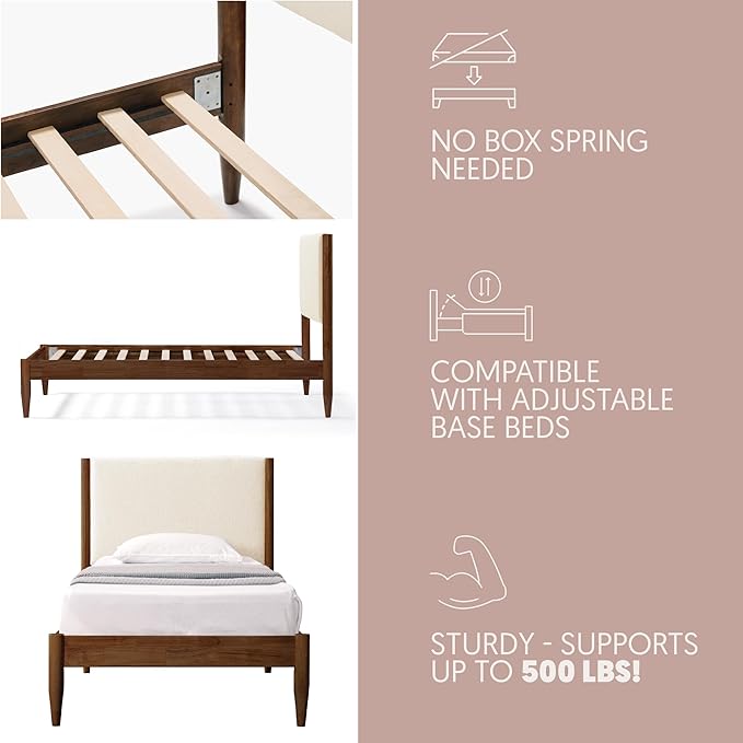 DG Casa Solid Wood Boucle Mid-Century Modern Twin Size Wooden Platform Bed Frame - Upholstered in Cream Boucle - Walnut Finish