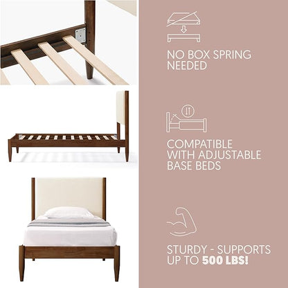 DG Casa Solid Wood Boucle Mid-Century Modern Twin Size Wooden Platform Bed Frame - Upholstered in Cream Boucle - Walnut Finish