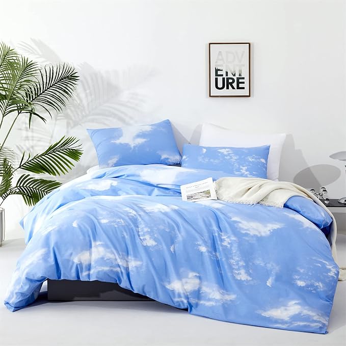 CLOTHKNOW Blue Sky 3Pcs Bedding Set - Twin Comforter Set with 2 Pillowcases, Cotton Microfiber, Cloud Design, Unisex, All Seasons, Machine Wash