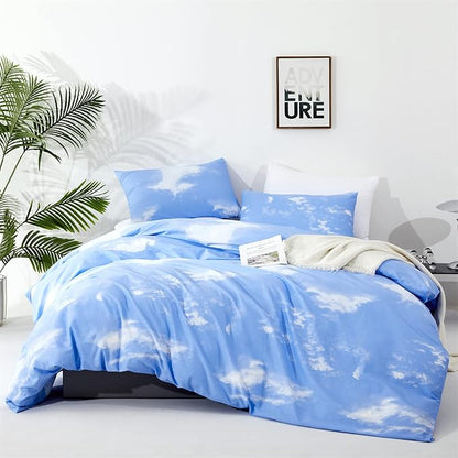 CLOTHKNOW Blue Sky 3Pcs Bedding Set - Twin Comforter Set with 2 Pillowcases, Cotton Microfiber, Cloud Design, Unisex, All Seasons, Machine Wash