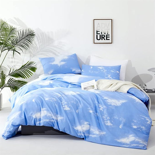CLOTHKNOW Blue Sky 3Pcs Bedding Set - Twin Comforter Set with 2 Pillowcases, Cotton Microfiber, Cloud Design, Unisex, All Seasons, Machine Wash