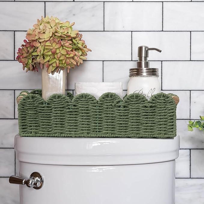 CubesLand Toilet Paper Storage Basket Scalloped Edge Home Decor Green Basket, Living Room Cozy Decor, Paper Rope Small Baskets for Over Toilet Storage Shelf, Shelves, with 2 Wooden Handles