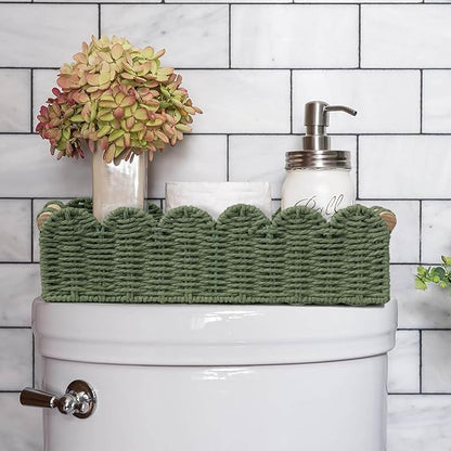 CubesLand Toilet Paper Storage Basket Scalloped Edge Home Decor Green Basket, Living Room Cozy Decor, Paper Rope Small Baskets for Over Toilet Storage Shelf, Shelves, with 2 Wooden Handles