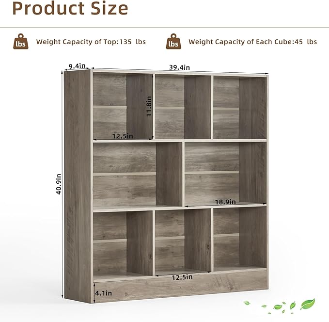 LEYAOYAO 8 Cube Bookshelf with Base,3 Tier Mid-Century Modern Grey Bookcase,Standing Wide Bookshelves Storage Organizer Shelf,Rustic Wood Display Cabinet Book Shelves for Bedroom,Living Room,Office