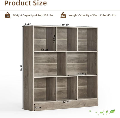 LEYAOYAO 8 Cube Bookshelf with Base,3 Tier Mid-Century Modern Grey Bookcase,Standing Wide Bookshelves Storage Organizer Shelf,Rustic Wood Display Cabinet Book Shelves for Bedroom,Living Room,Office