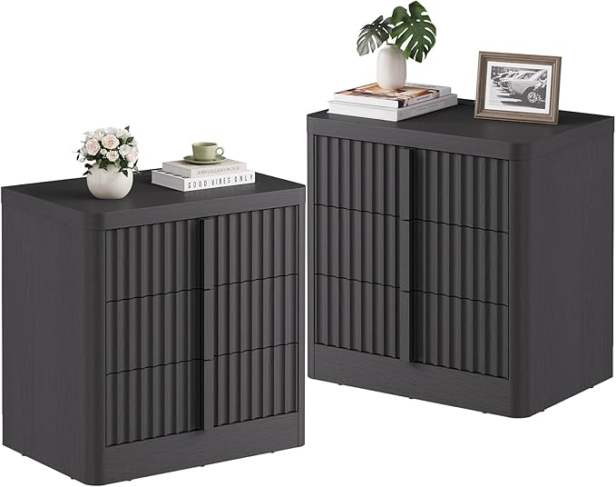 Fluted Nightstand Set of 2 with Charging Station, 23.6" Wood Bedside Table with Solid Wood Handle, Mid Century Moden End Table, 3 Drawer Dresser for Bedroom, Living Room, Black