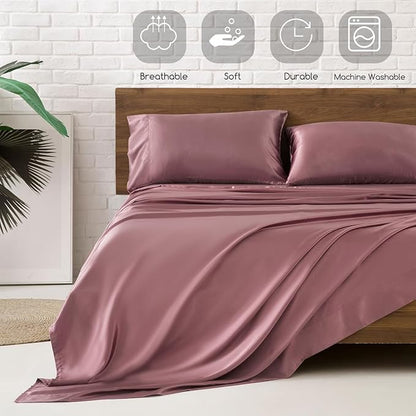 MR&HM Satin Bed Sheets, Twin Size Sheets Set, 3 Pcs Silky Bedding Set with 15 Inches Deep Pocket for Mattress (Twin, Rose Taupe)